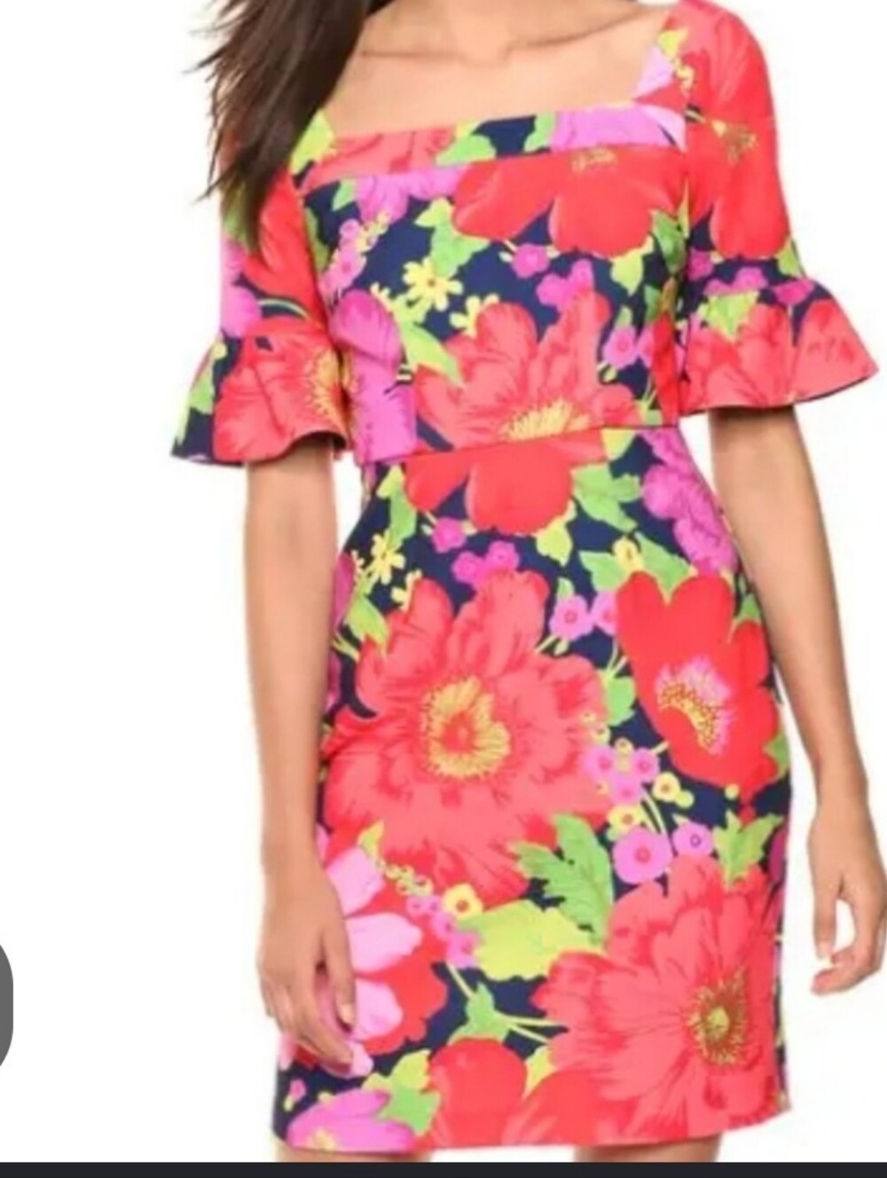 Trina Turk Navy Floral Square-Neck Midi Dress with Red & Pink Blooms